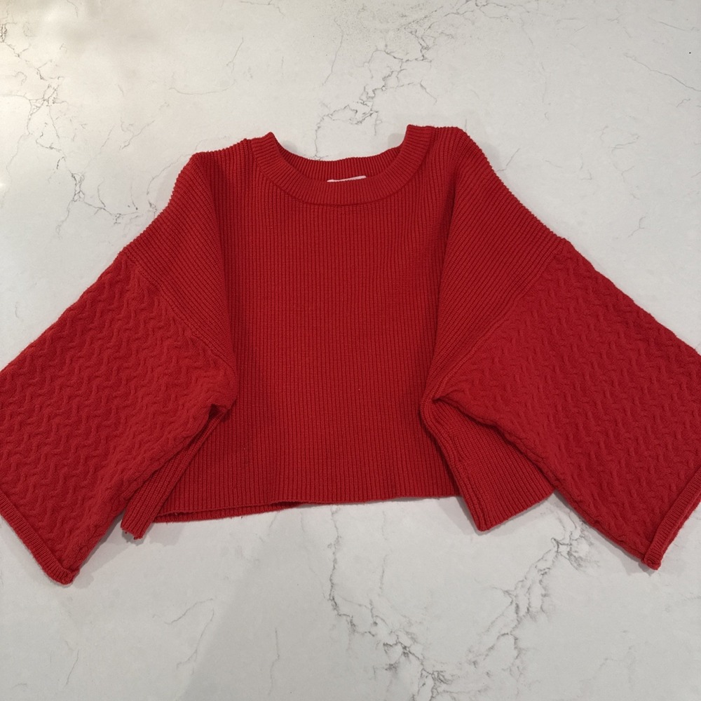 Red Cropped Knit Sweater Modern Boho Street Style Cozy Wide‎ Sleeve Womens Small